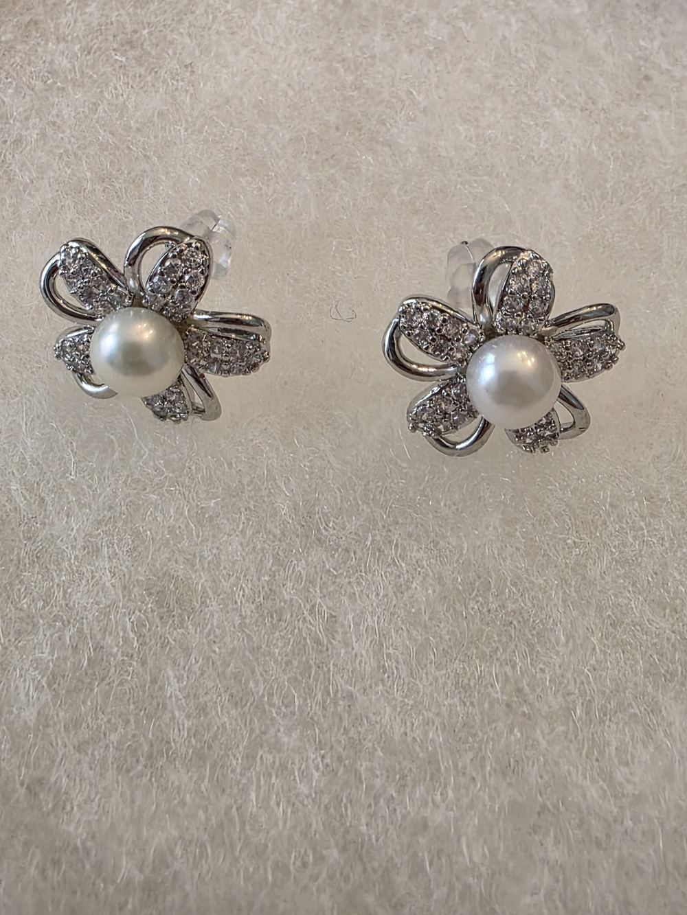 Pearl and Crystal Flower Stud Earrings - Sterling Silver